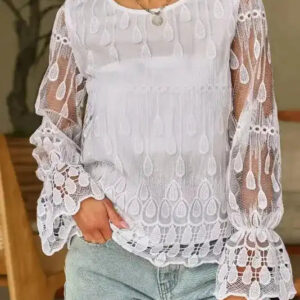 Beige Embroidered Mesh Blouse – Flounce Sleeves