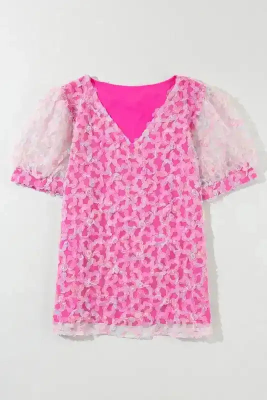 Bonbon Flowery Mesh Puff Sleeve Blouse - Image 3