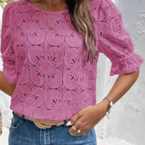 Flower Eyelet Top - Jacquard Keyhole Flounce Sleeve