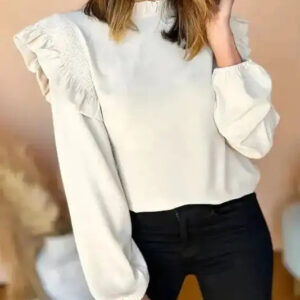 White Frilled Neck Blouse – Ruffled Trim & Bubble Sleeves