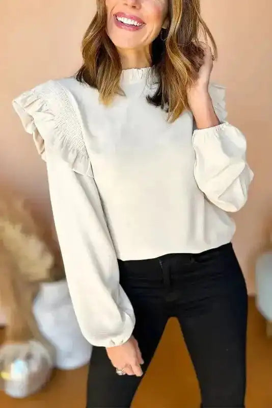 White Frilled Neck Blouse – Ruffled Trim & Bubble Sleeves