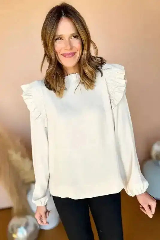 White Frilled Neck Blouse – Ruffled Trim & Bubble Sleeves - Image 5