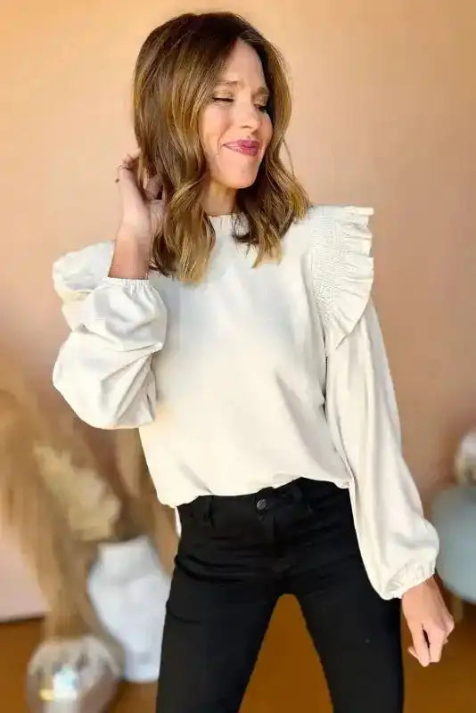 White Frilled Neck Blouse – Ruffled Trim & Bubble Sleeves - Image 3