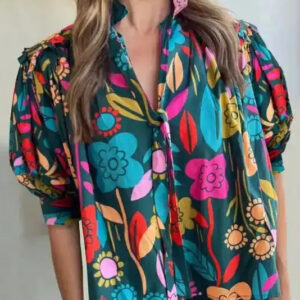 Green Floral Puff Sleeve Blouse