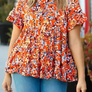 Orange Floral Peplum Blouse – Curvy Fit with Ruffle Sleeves