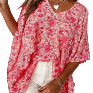 Pink Boho Floral V-Neck Kimono Style Blouse