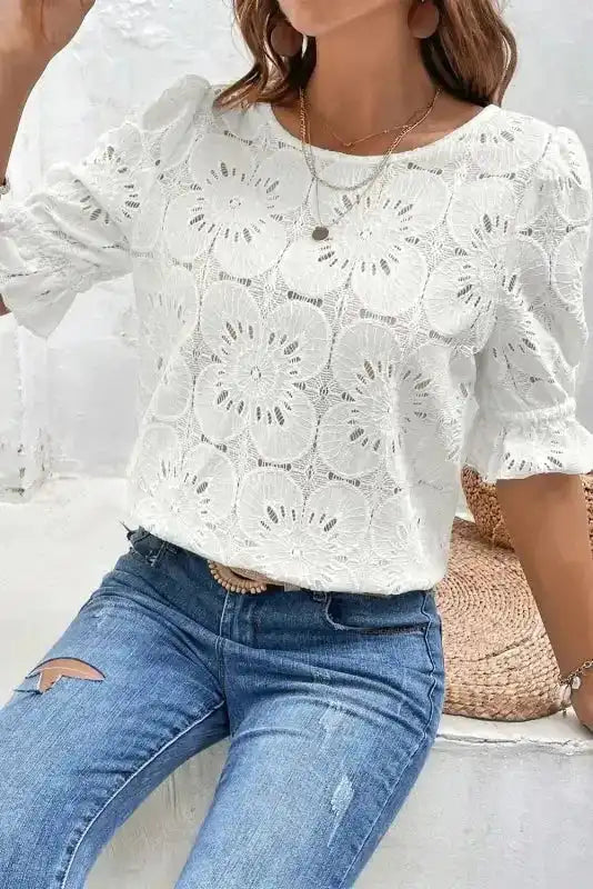 White Flower Eyelet Jacquard Top - Image 4
