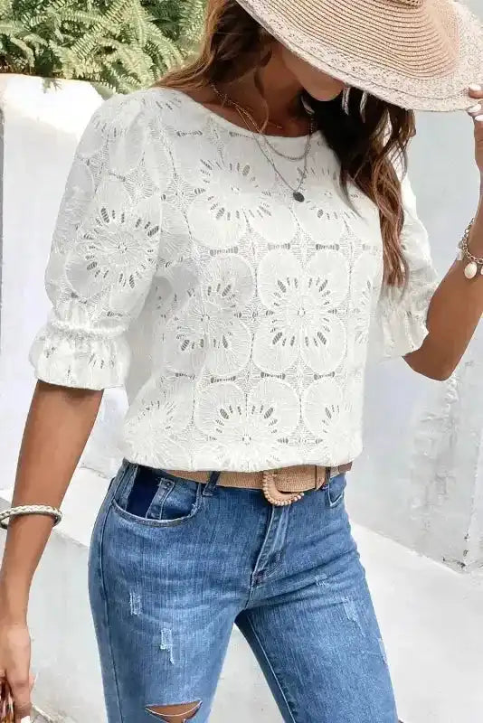 White Flower Eyelet Jacquard Top - Image 3