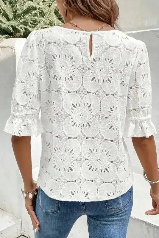 White Flower Eyelet Jacquard Top - Image 2